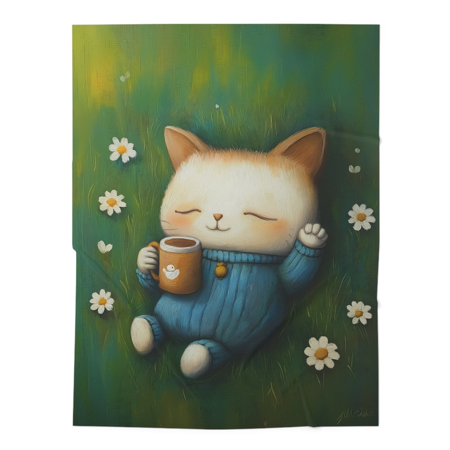 This blanket features a charming design of a relaxed kitten enjoying a peaceful moment.