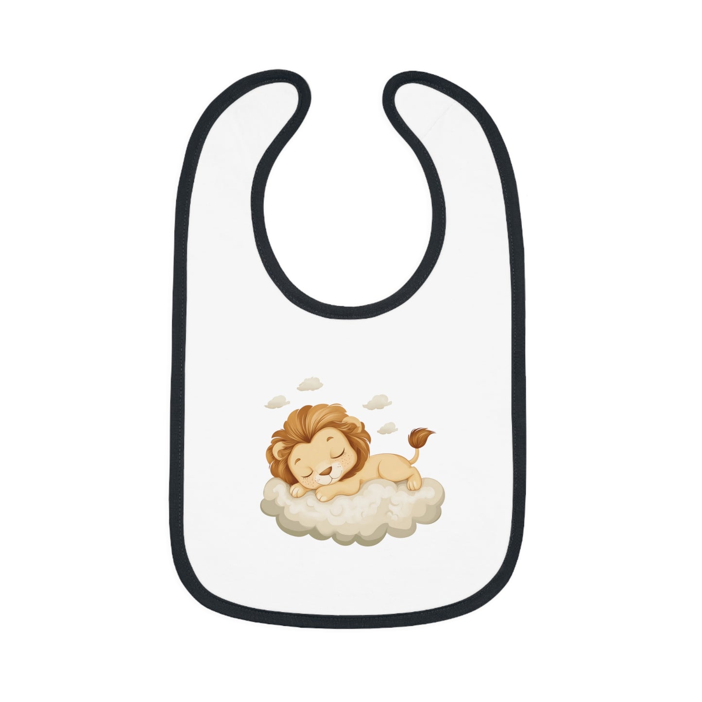 This adorable bib has a black-colored trim with a white base, featuring a design of a cute lion peacefully sleeping on a fluffy cloud.