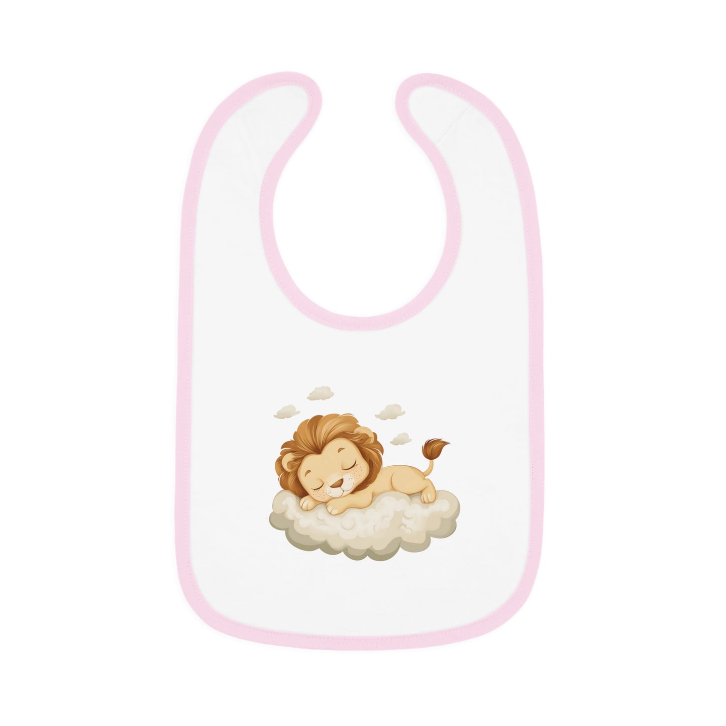  This adorable bib has a pink-colored trim with a white base, featuring a design of a cute lion peacefully sleeping on a fluffy cloud.