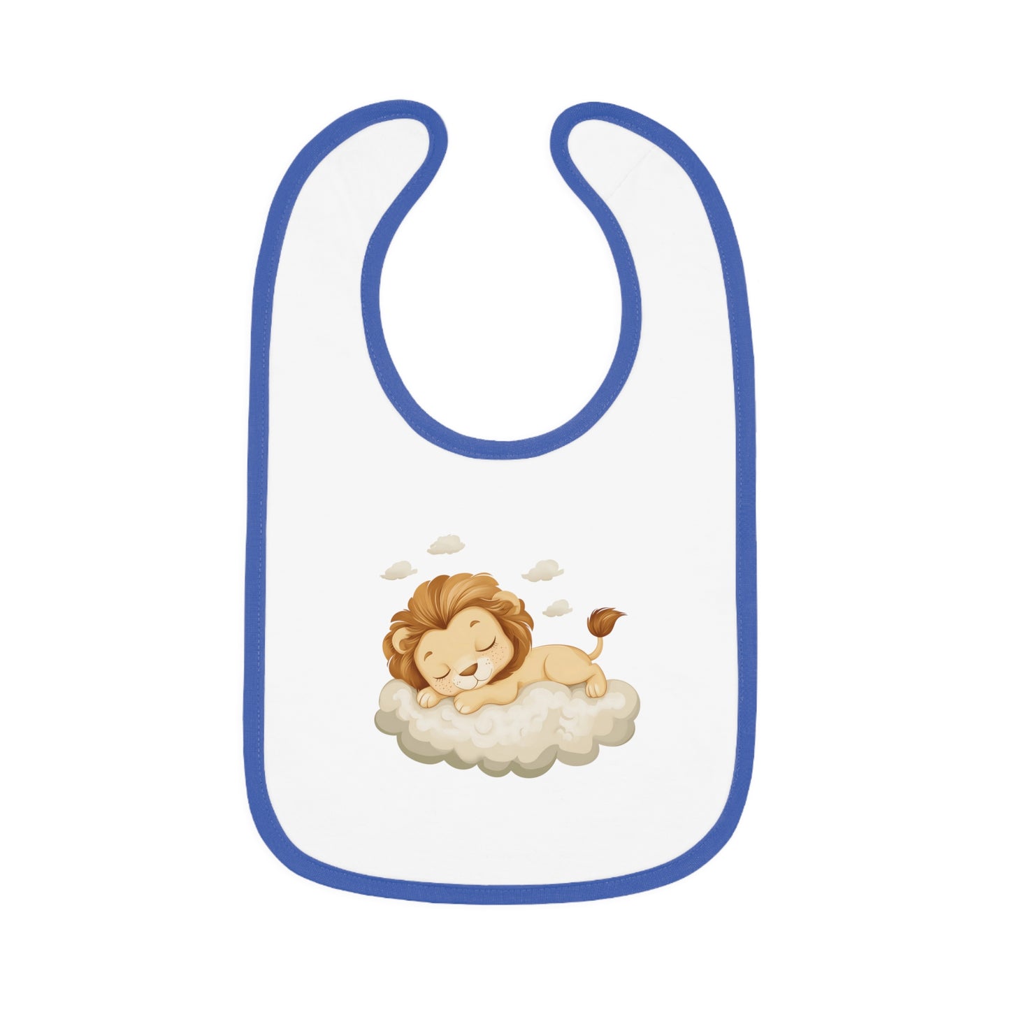 This adorable bib has a royal blue-colored trim with a white base, featuring a design of a cute lion peacefully sleeping on a fluffy cloud.