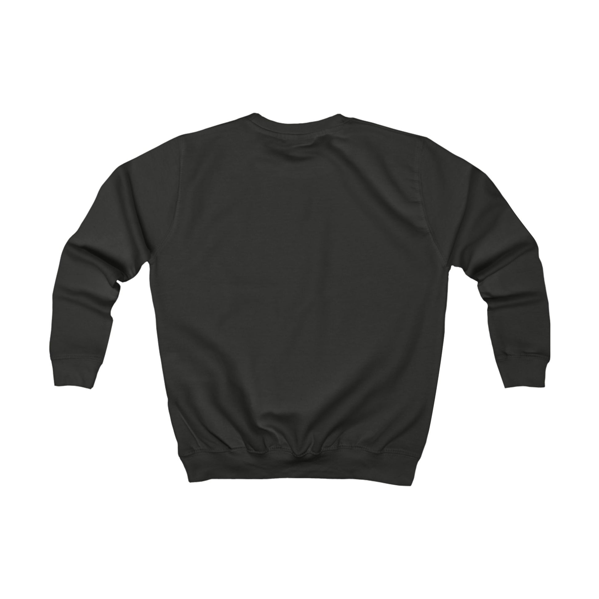 The back side of a jet black sweatshirt.