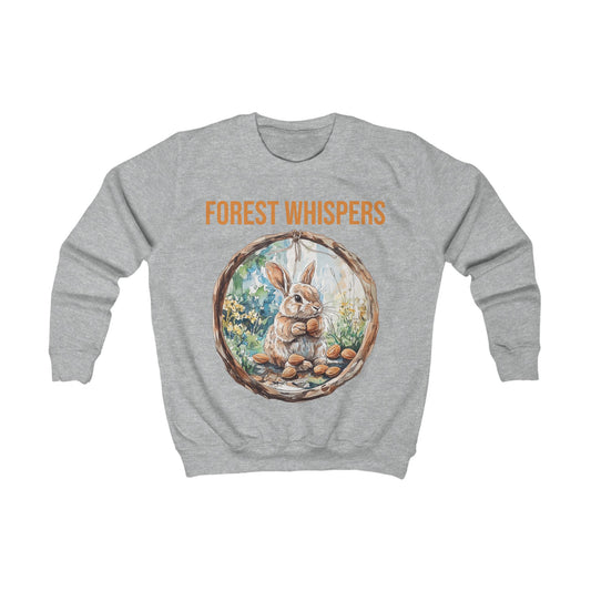 A heather grey sweatshirt featuring a hand-drawn cute rabbit design surrounded by a rustic forest wreath.