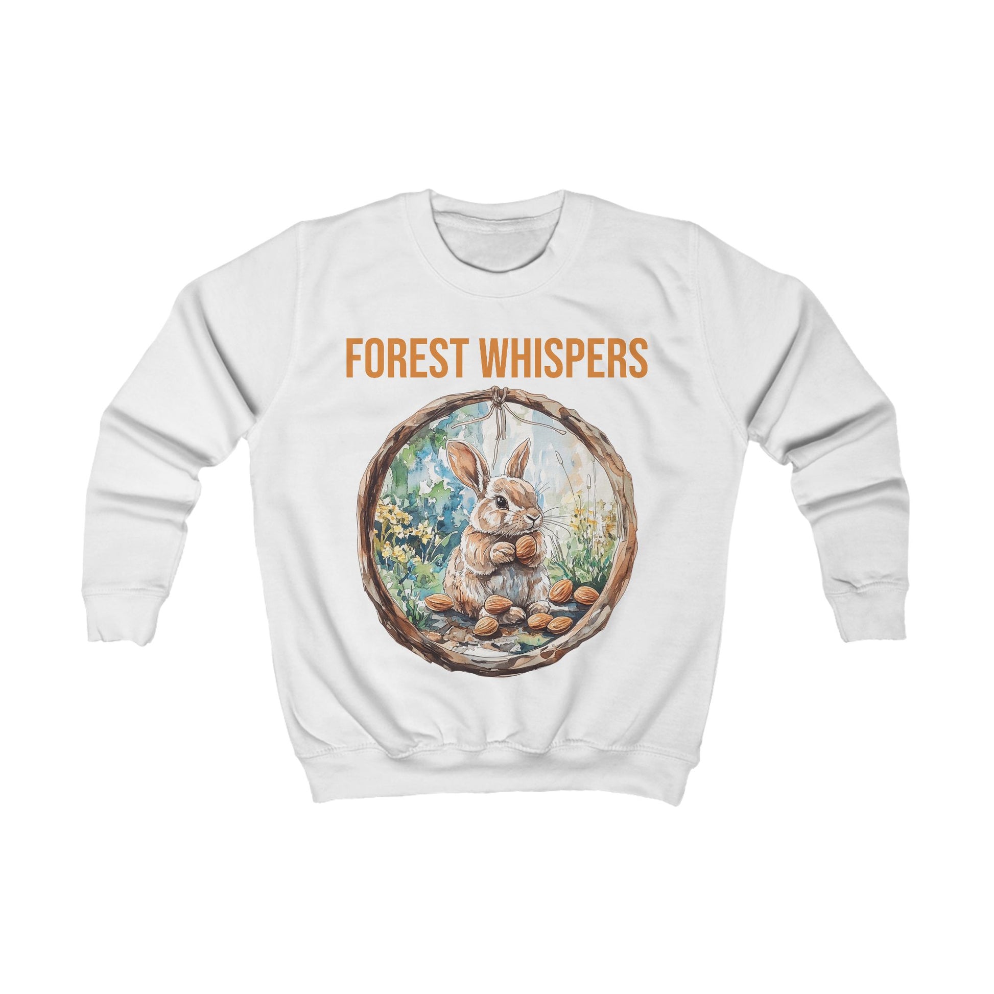 An Arctic white sweatshirt featuring a hand-drawn cute rabbit design surrounded by a rustic forest wreath.