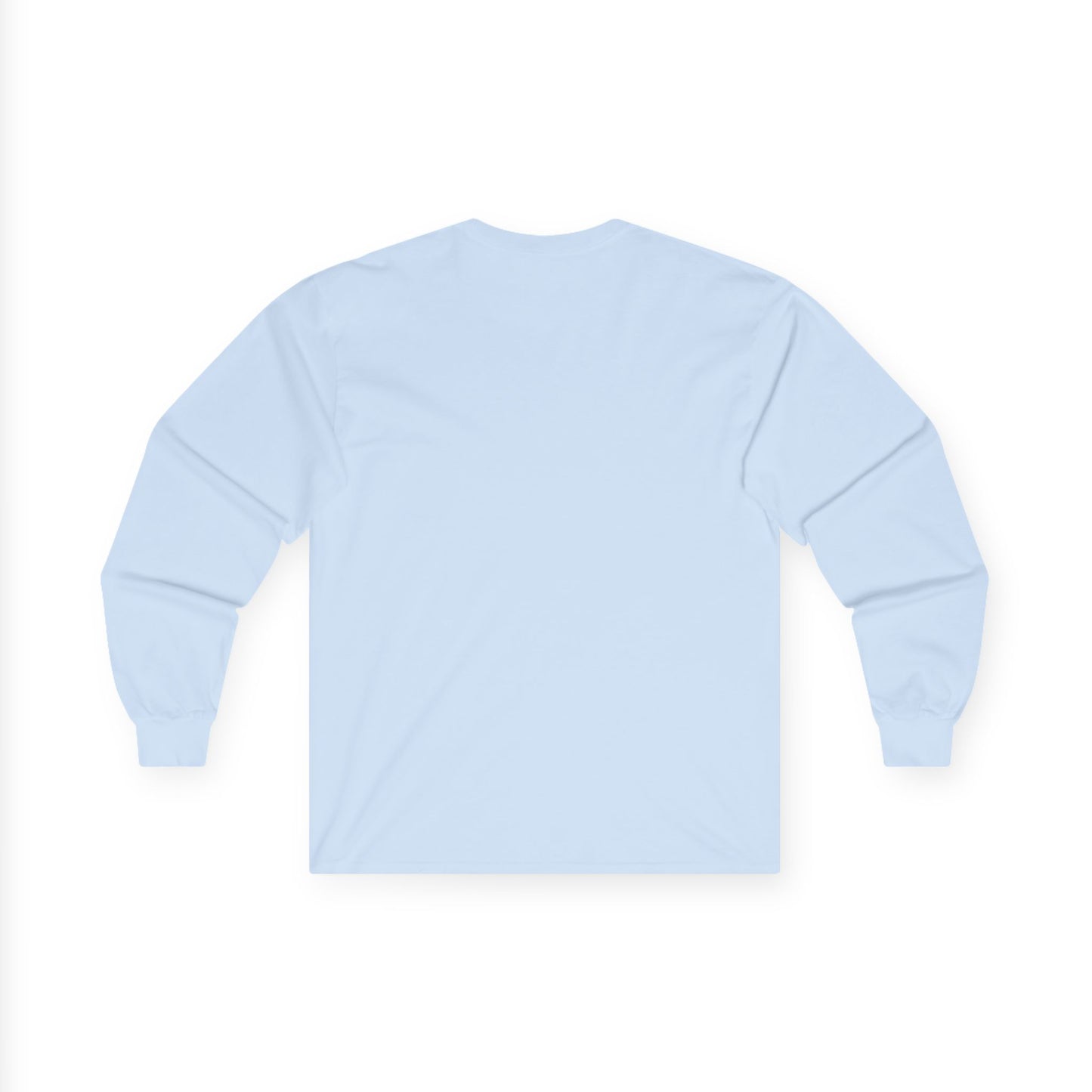 The back view of a light blue long-sleeve T-shirt.