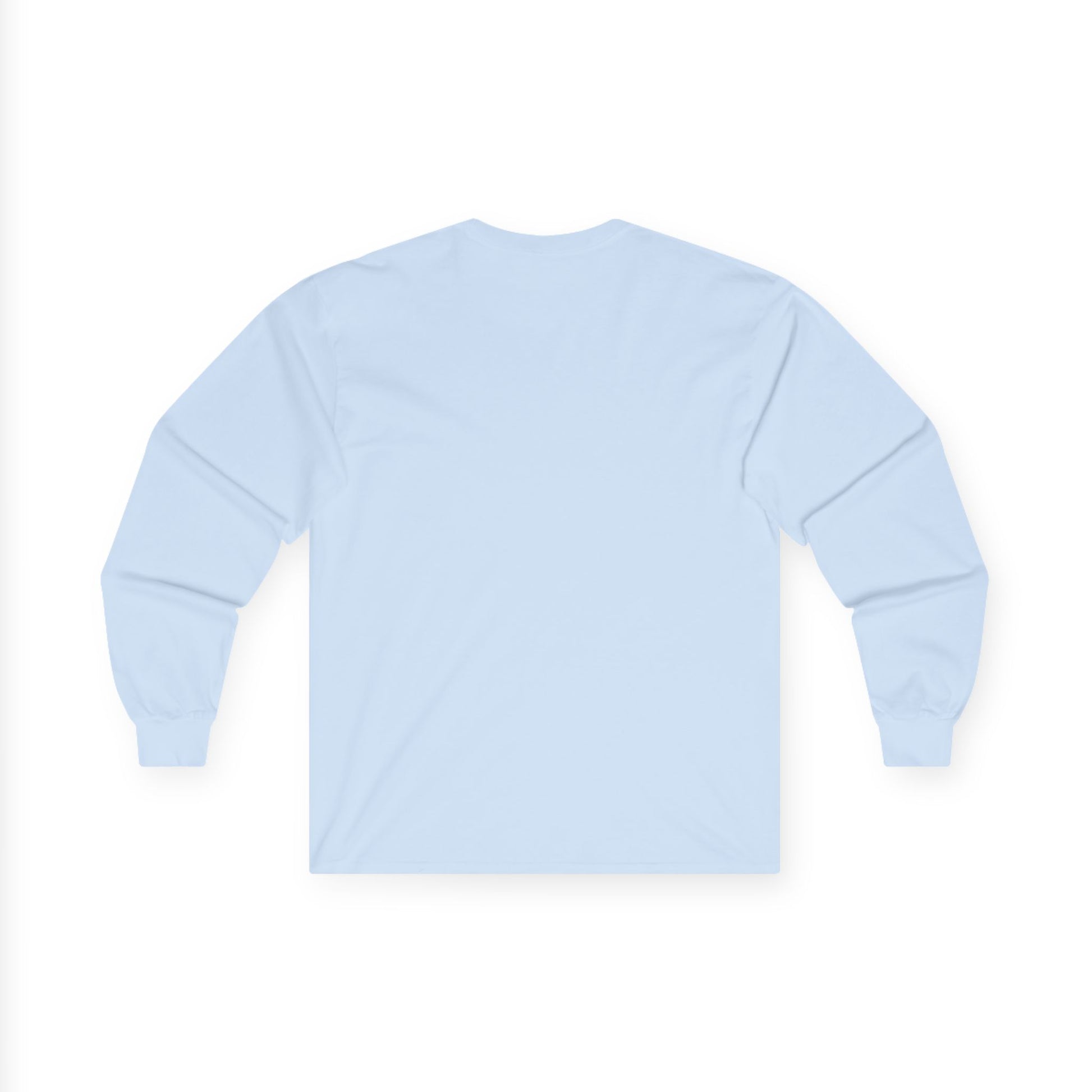 The back view of a light blue long-sleeve T-shirt.