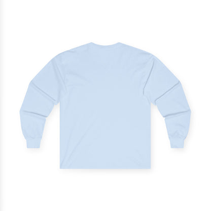 The back view of a light blue long-sleeve T-shirt.