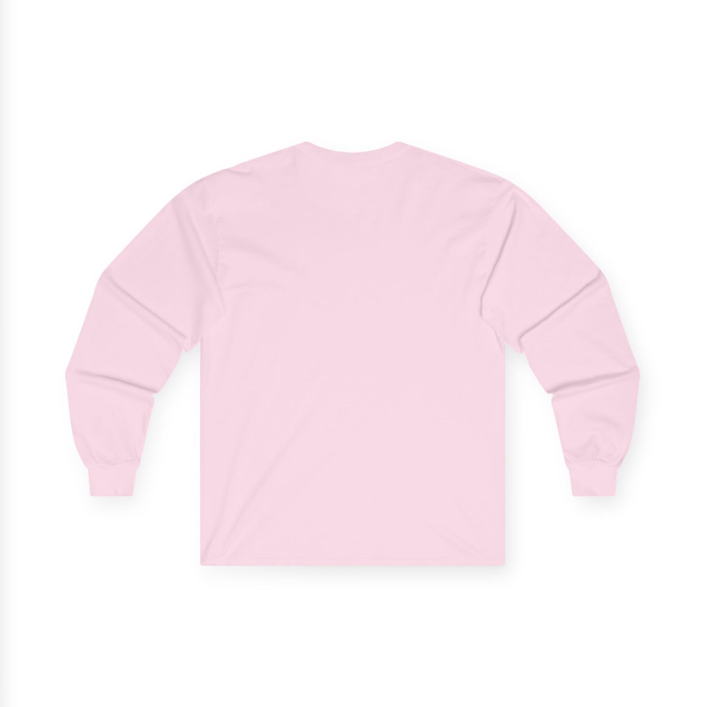 The back view of a pink long-sleeve T-shirt.