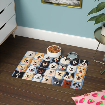 Dog food and water placed on a pet food mat featuring a variety of dog-themed embroidered-style paintings.