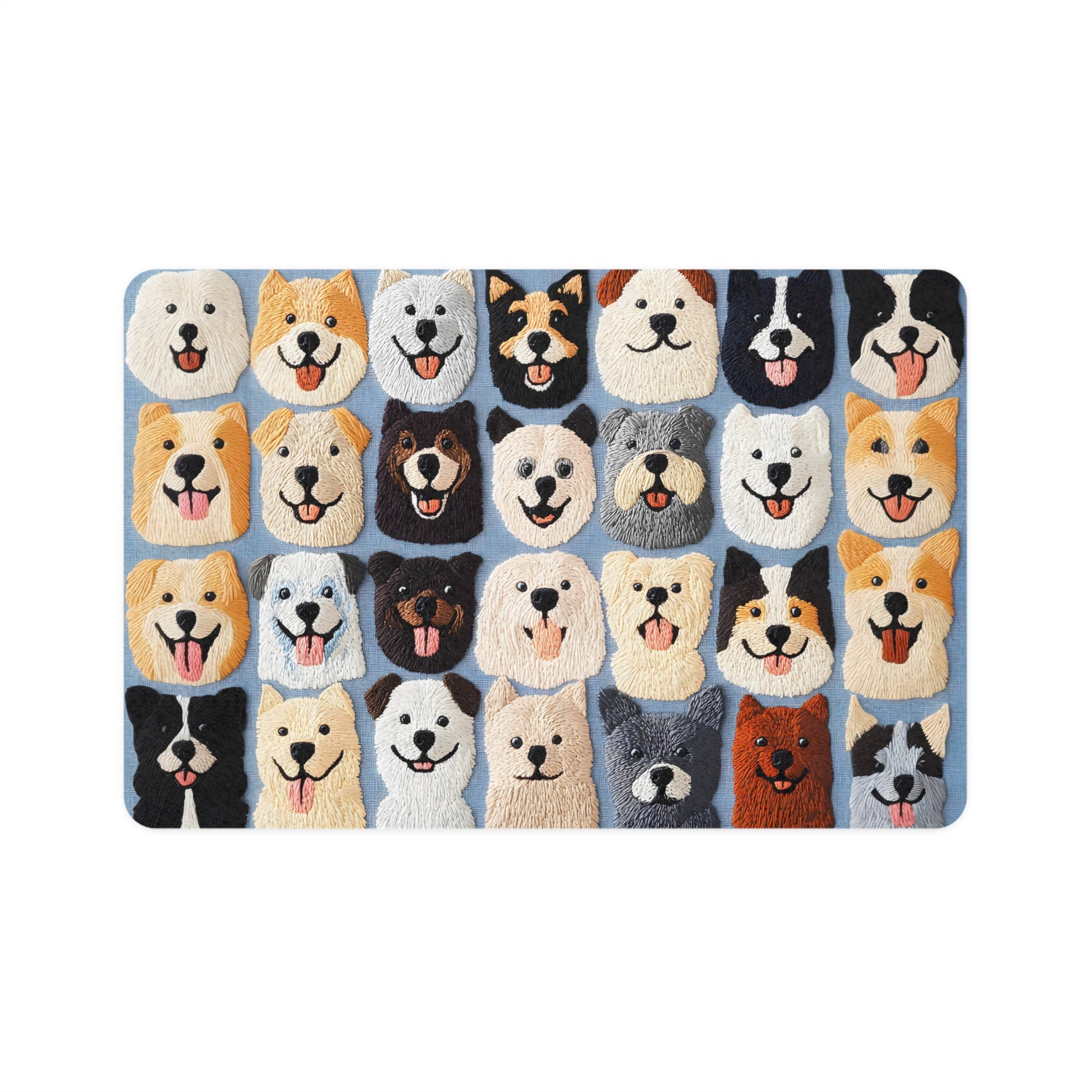 A pet food mat featuring a variety of dog-themed embroidered-style paintings.