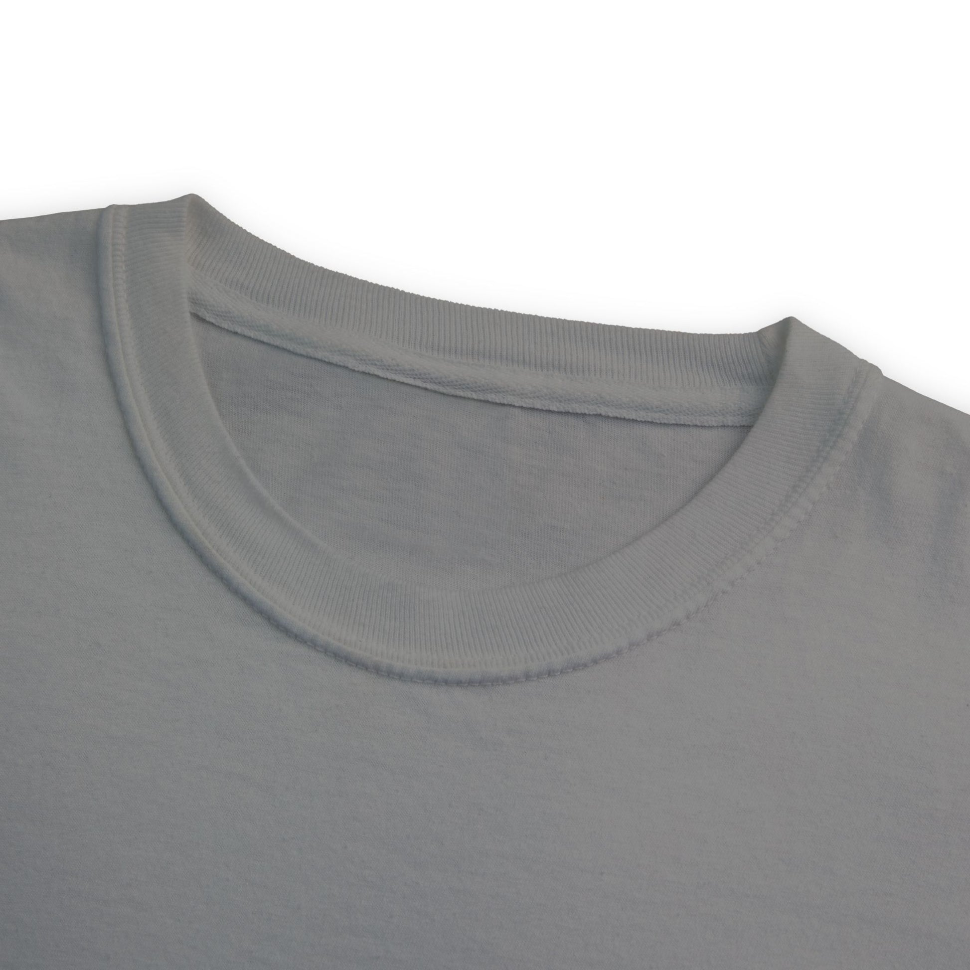 The neckline of a grey T-shirt.