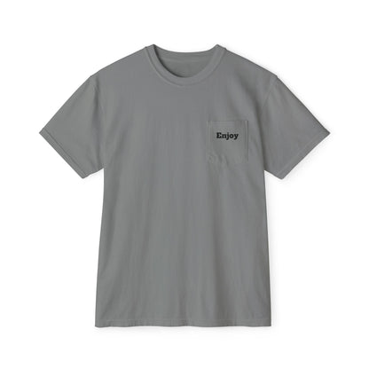 A grey T-shirt featuring a small "Enjoy" detail on the front.