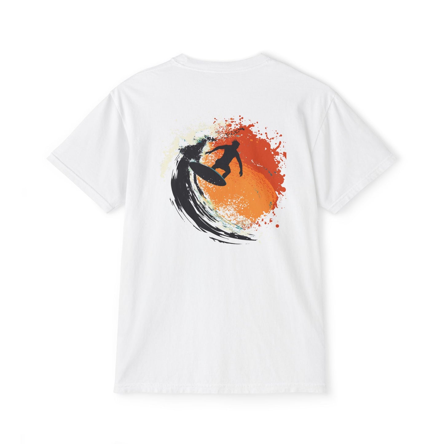 A white T-shirt featuring a design of a surfboard, waves, and a surfer on the back.