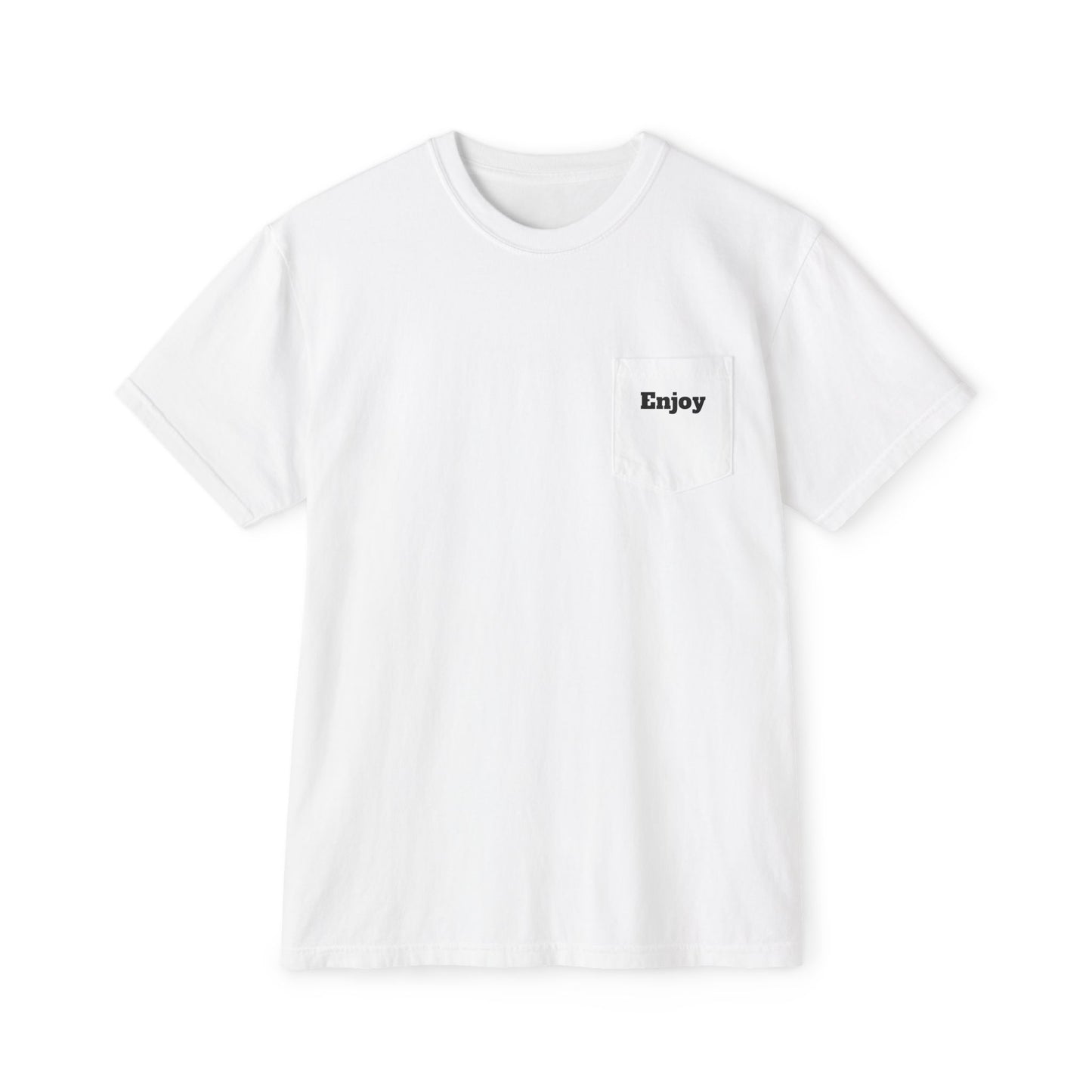 A white T-shirt featuring a small "Enjoy" detail on the front.