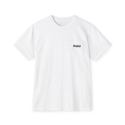 A white T-shirt featuring a small "Enjoy" detail on the front.