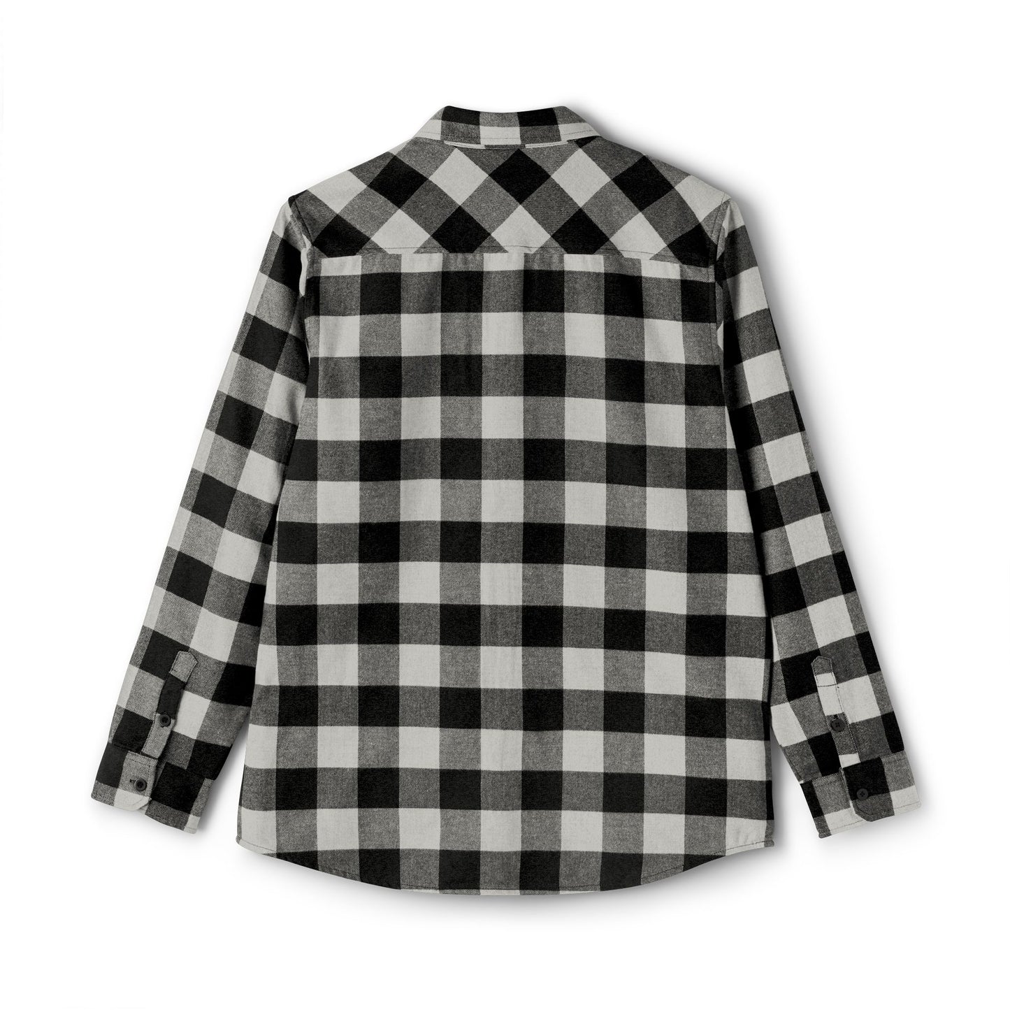 The back of a classic black-and-white buffalo plaid flannel shirt, combining ruggedness with style.