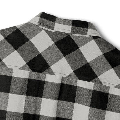 The back neckline of a classic black-and-white buffalo plaid flannel shirt, blending ruggedness with style.