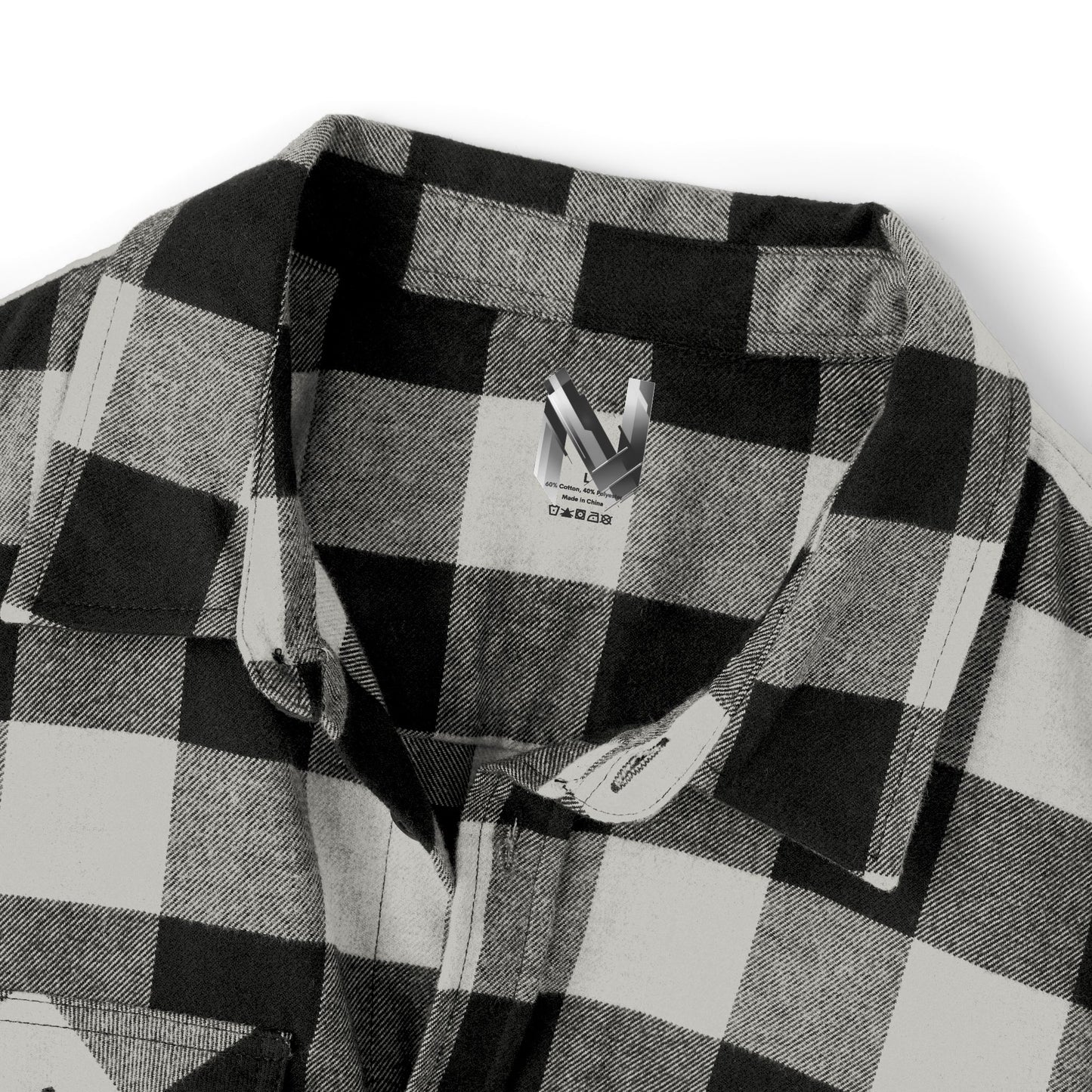 The collar of a classic black-and-white buffalo plaid flannel shirt, combining ruggedness with style.