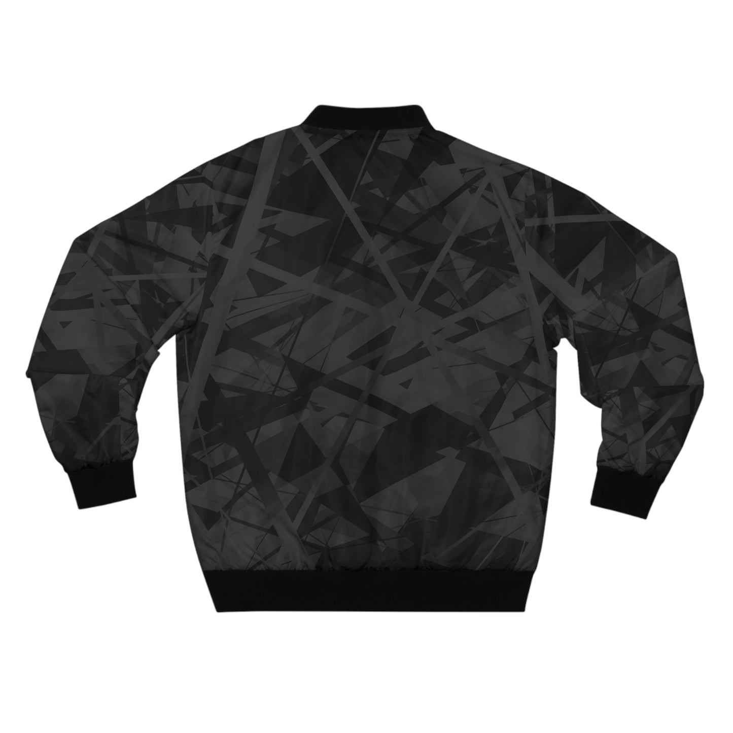 Back side of bomber jacket with geometric shapes and intricate lines.