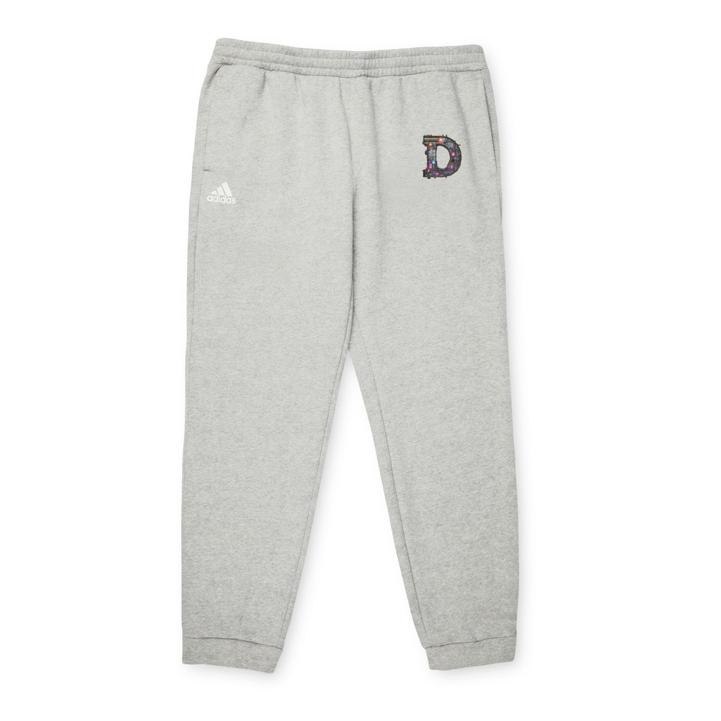 Grey Heather joggers featuring a bold "D" design on the front with a retro-futuristic and holographic vibe.