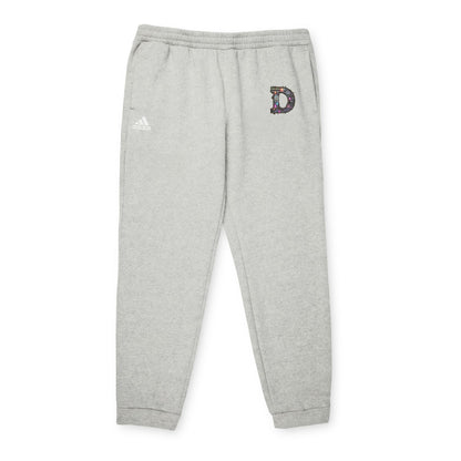 Grey Heather joggers featuring a bold "D" design on the front with a retro-futuristic and holographic vibe.