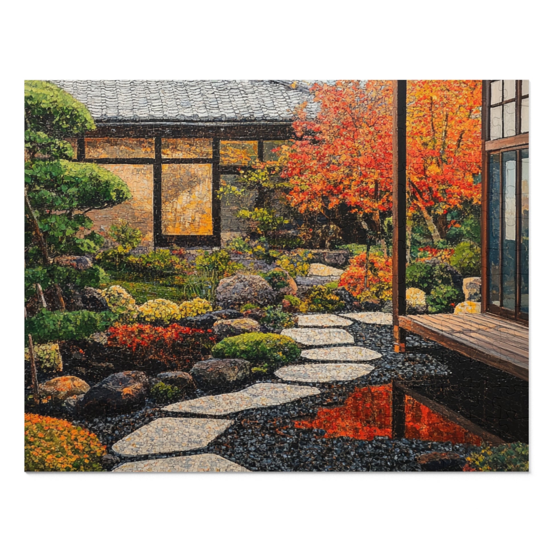 A vivid jigsaw puzzle of a Japanese garden painted with the impasto technique is the completed form.