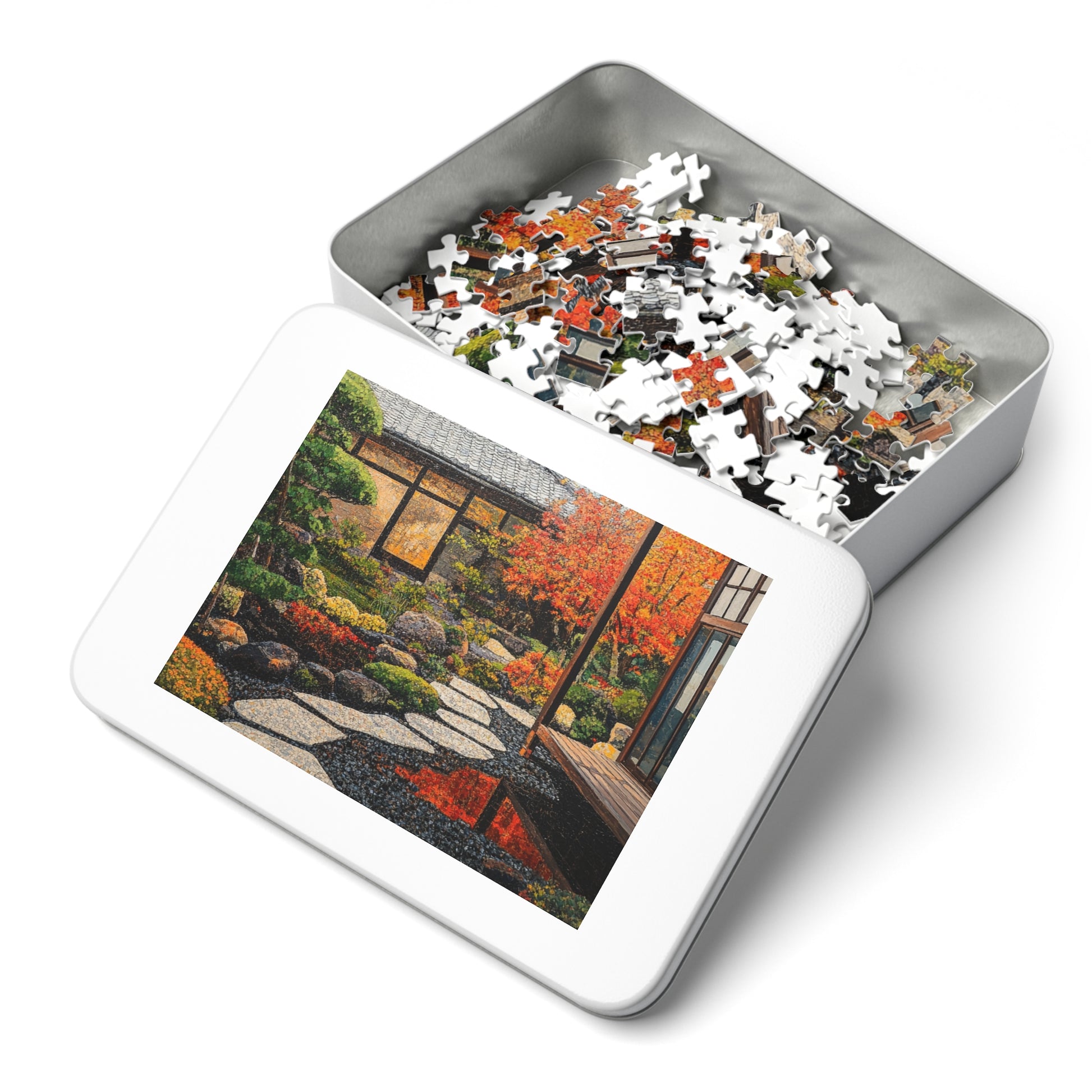 A vivid jigsaw puzzle of a Japanese garden painted with the impasto technique is included in the case.