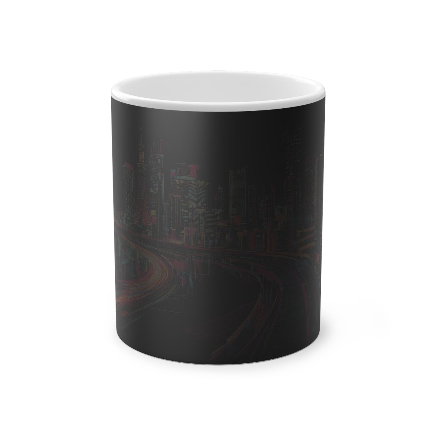 A magic mug in its cold state, featuring a breathtaking illustration of Tokyo's cityscape, drawn in ballpoint pen and standing out against a deep black background.