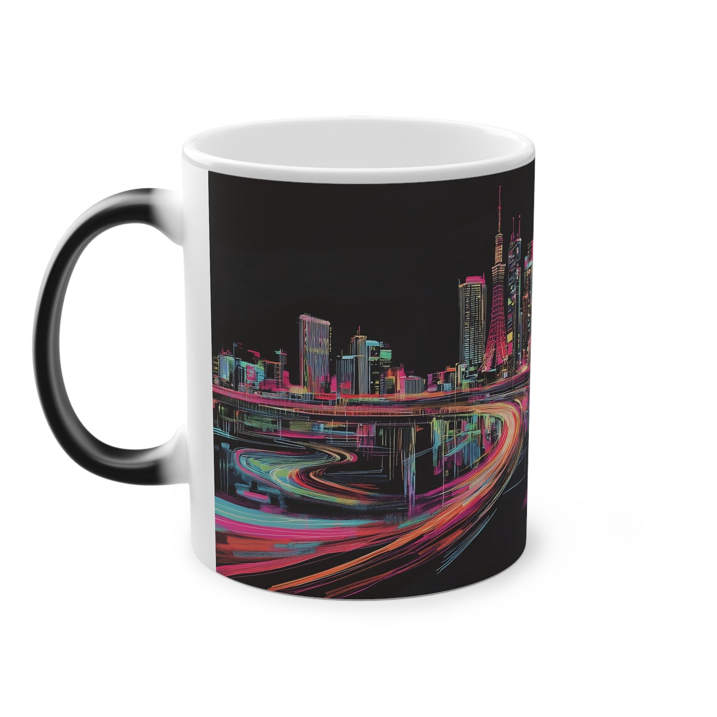 A magic mug with the handle visible on the left side, featuring a breathtaking illustration of Tokyo's cityscape drawn in ballpoint pen, set against a deep black background.