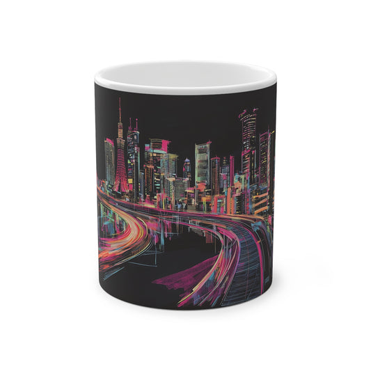 A magic mug featuring a breathtaking illustration of Tokyo's cityscape, drawn in ballpoint pen and set against a deep black background.