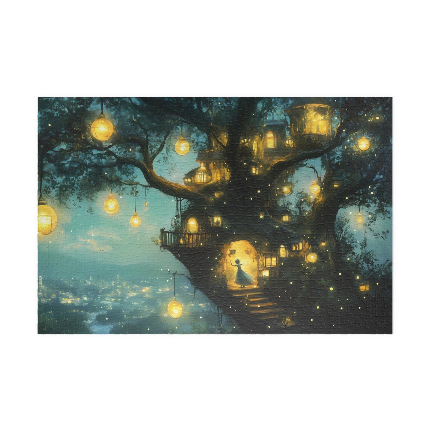 This 1014-piece puzzle features a breathtaking illustration of a glowing treetop village set against a dreamy twilight sky, making it a masterpiece of color, light, and imagination.