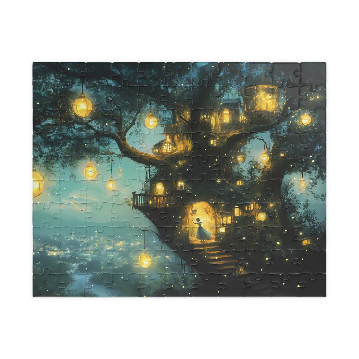 This 110-piece puzzle features a breathtaking illustration of a glowing treetop village set against a dreamy twilight sky, making it a masterpiece of color, light, and imagination.