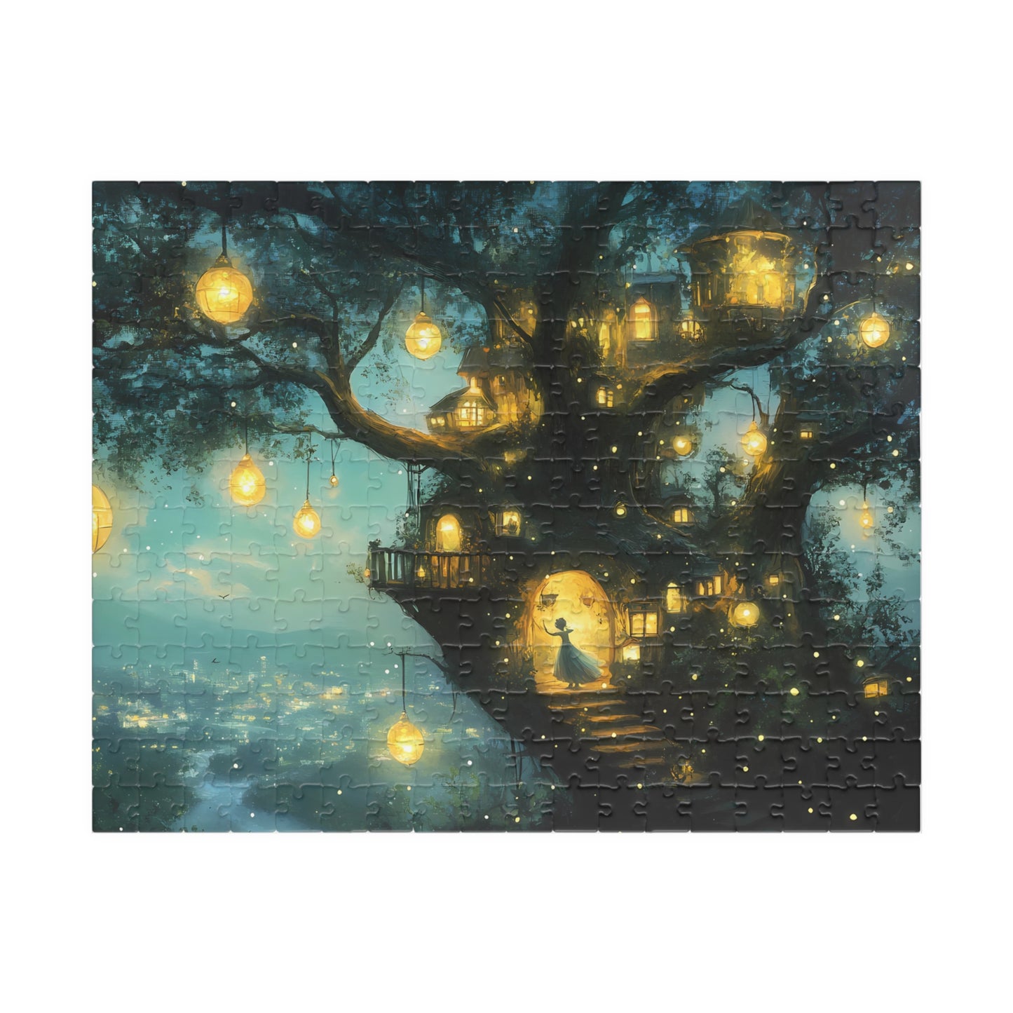 This 252-piece puzzle features a breathtaking illustration of a glowing treetop village set against a dreamy twilight sky, making it a masterpiece of color, light, and imagination.