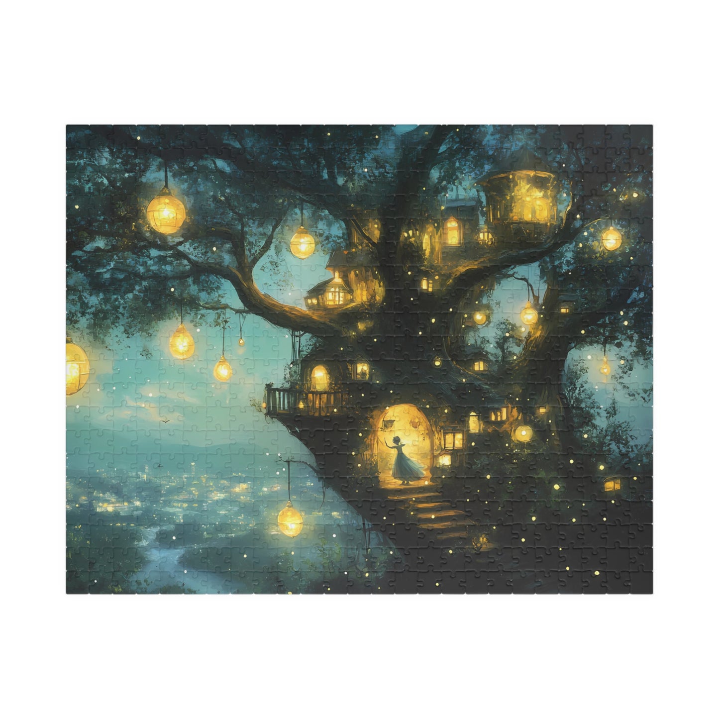 This 520-piece puzzle features a breathtaking illustration of a glowing treetop village set against a dreamy twilight sky, making it a masterpiece of color, light, and imagination.