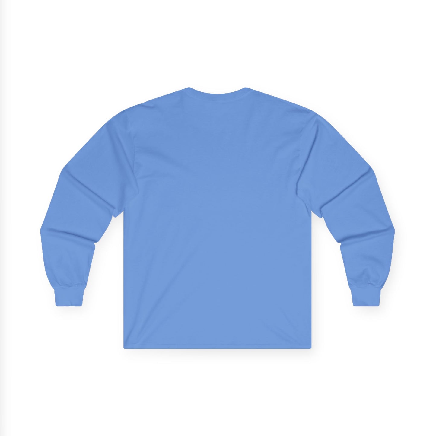 The back side of a Carolina blue long-sleeve T-shirt.