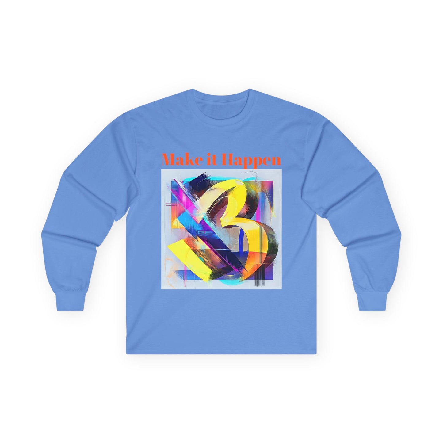 A Carolina blue long-sleeve T-shirt featuring a vibrant abstract front design with dynamic colors and a bold number "3" at its center.