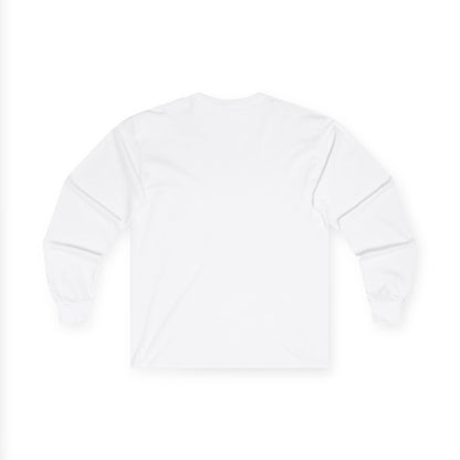 The back side of a white long-sleeve T-shirt.