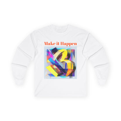 A white long-sleeve T-shirt featuring a vibrant abstract front design with dynamic colors and a bold number "3" at its center.