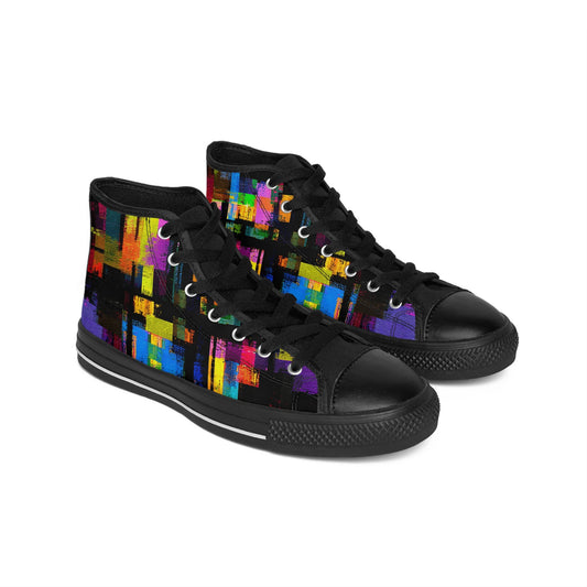 Men’s high-top sneakers in black with a vibrant abstract color block pattern in red, yellow, blue, purple, and green—bold artistic streetwear style with a modern edge.