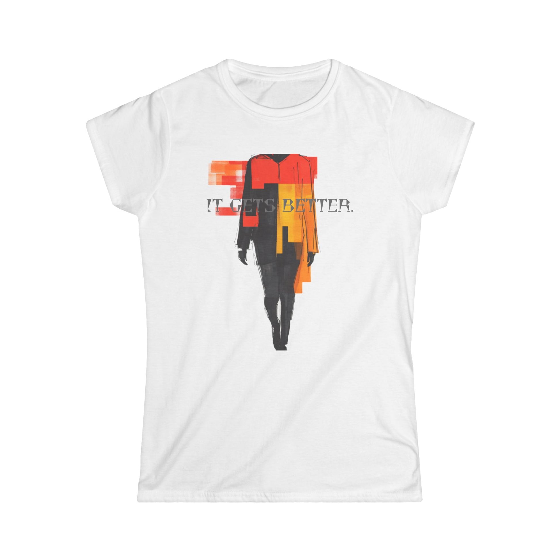 White T-shirt with minimalist sketches of pixelated fashion illustrations.