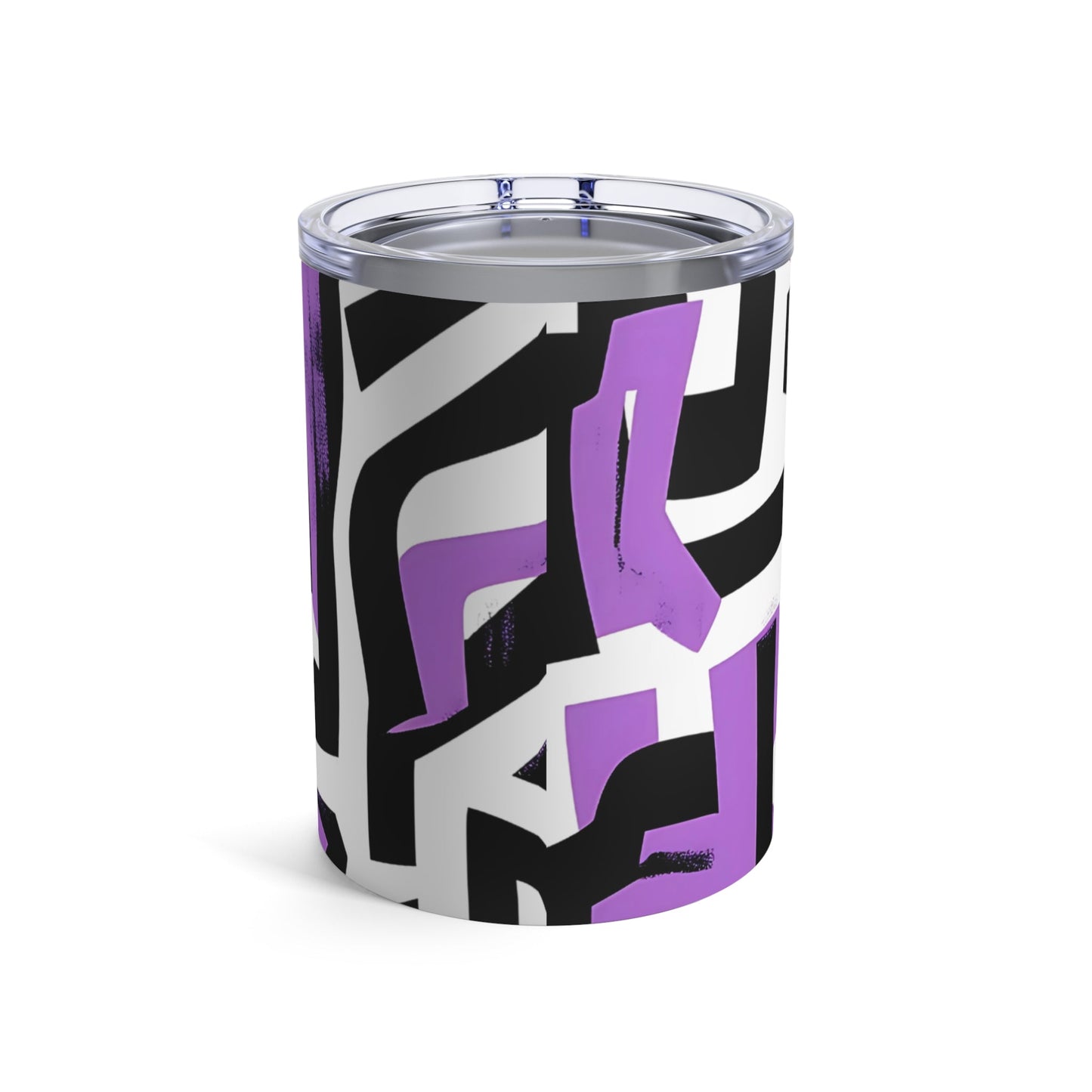Back view of stainless steel tumbler with dynamic black and purple graffiti-style design on white background and clear lid.