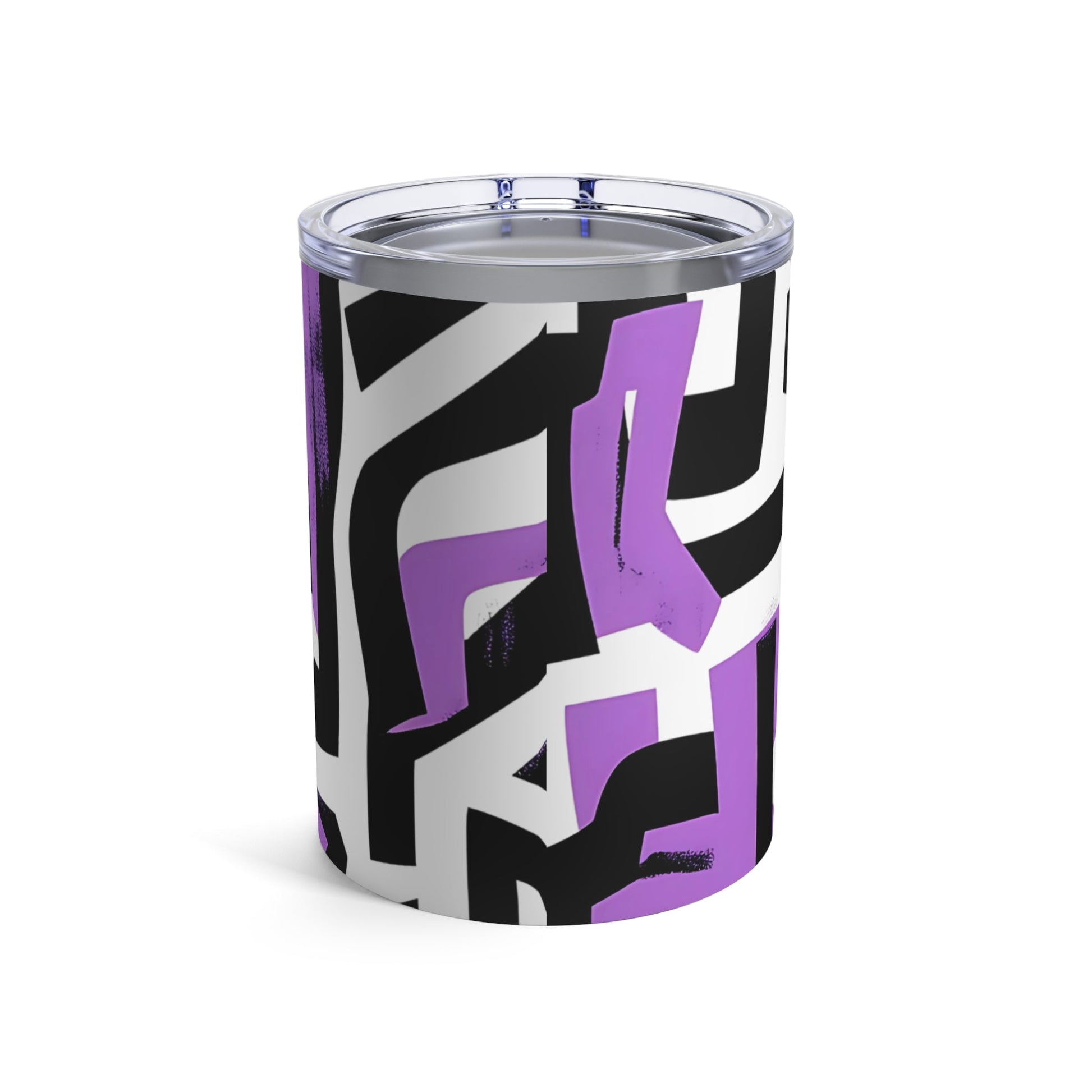Back view of stainless steel tumbler with dynamic black and purple graffiti-style design on white background and clear lid.