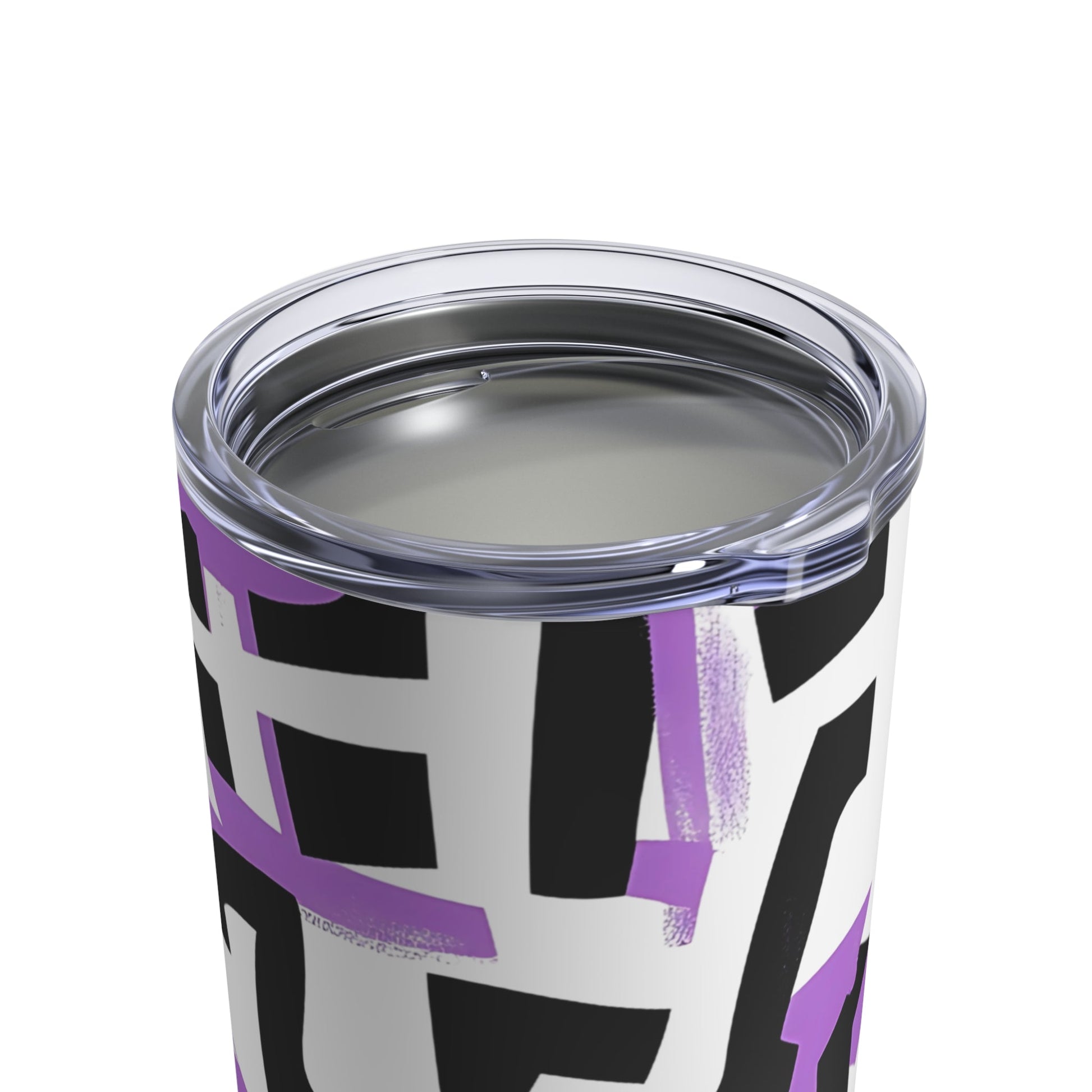 Close-up of stainless steel tumbler lid with secure seal and modern black and purple graffiti design on white exterior.