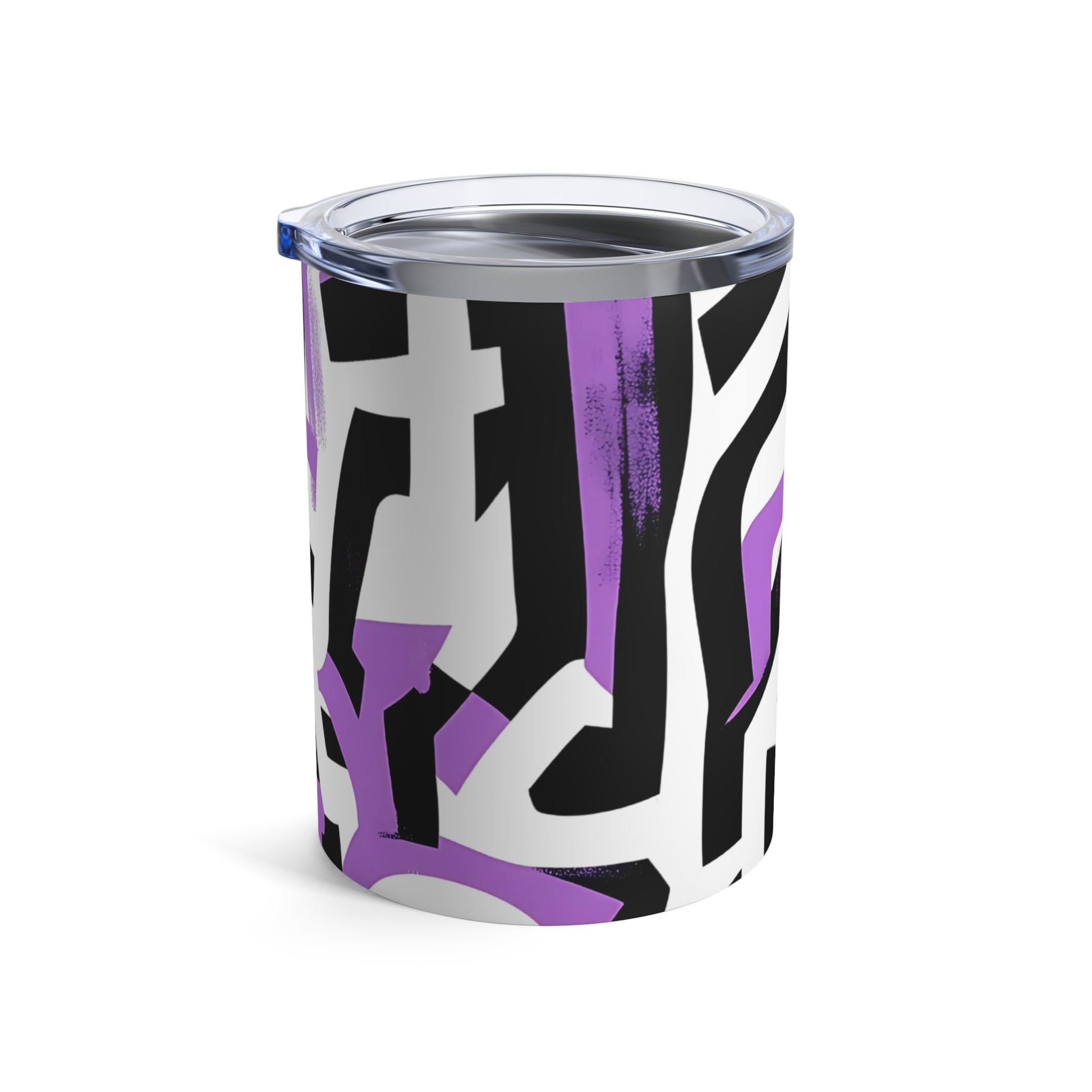 Right side view of stainless steel tumbler with modern black and purple graffiti-style artwork on white background and clear lid.
