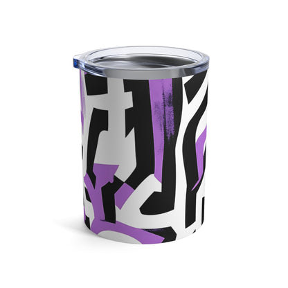 Right side view of stainless steel tumbler with modern black and purple graffiti-style artwork on white background and clear lid.