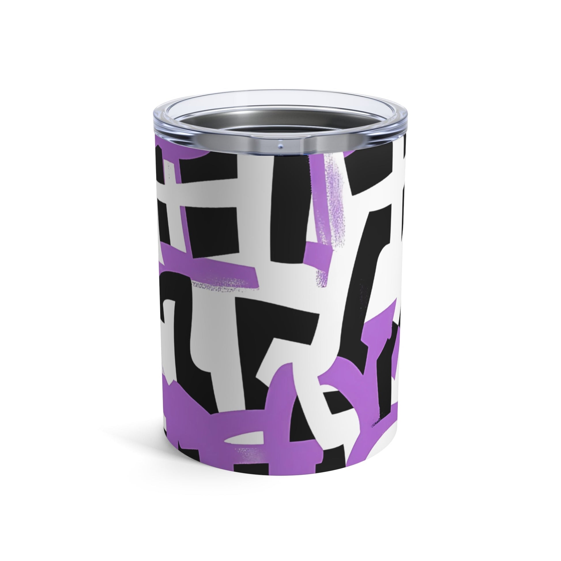 Stainless steel tumbler with abstract black and purple graffiti design on white background and clear lid.