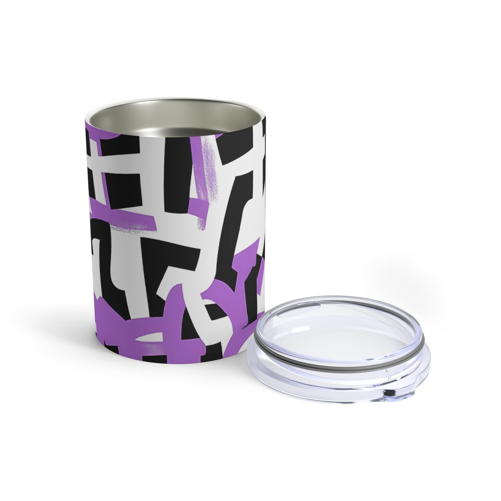 Stainless steel tumbler with lid removed, featuring black and purple abstract graffiti design on white background.