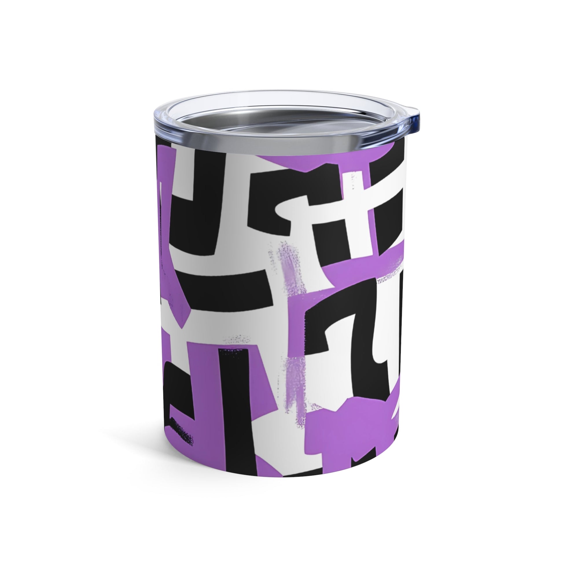 Left side view of stainless steel tumbler with bold black and purple abstract graffiti design on white base and clear lid.