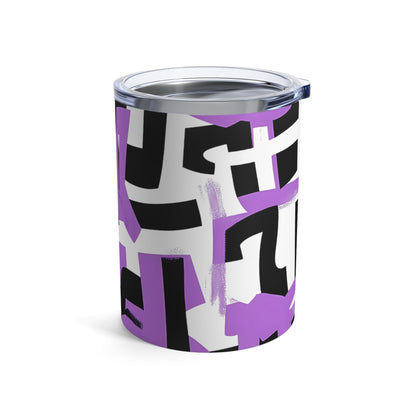 Left side view of stainless steel tumbler with bold black and purple abstract graffiti design on white base and clear lid.