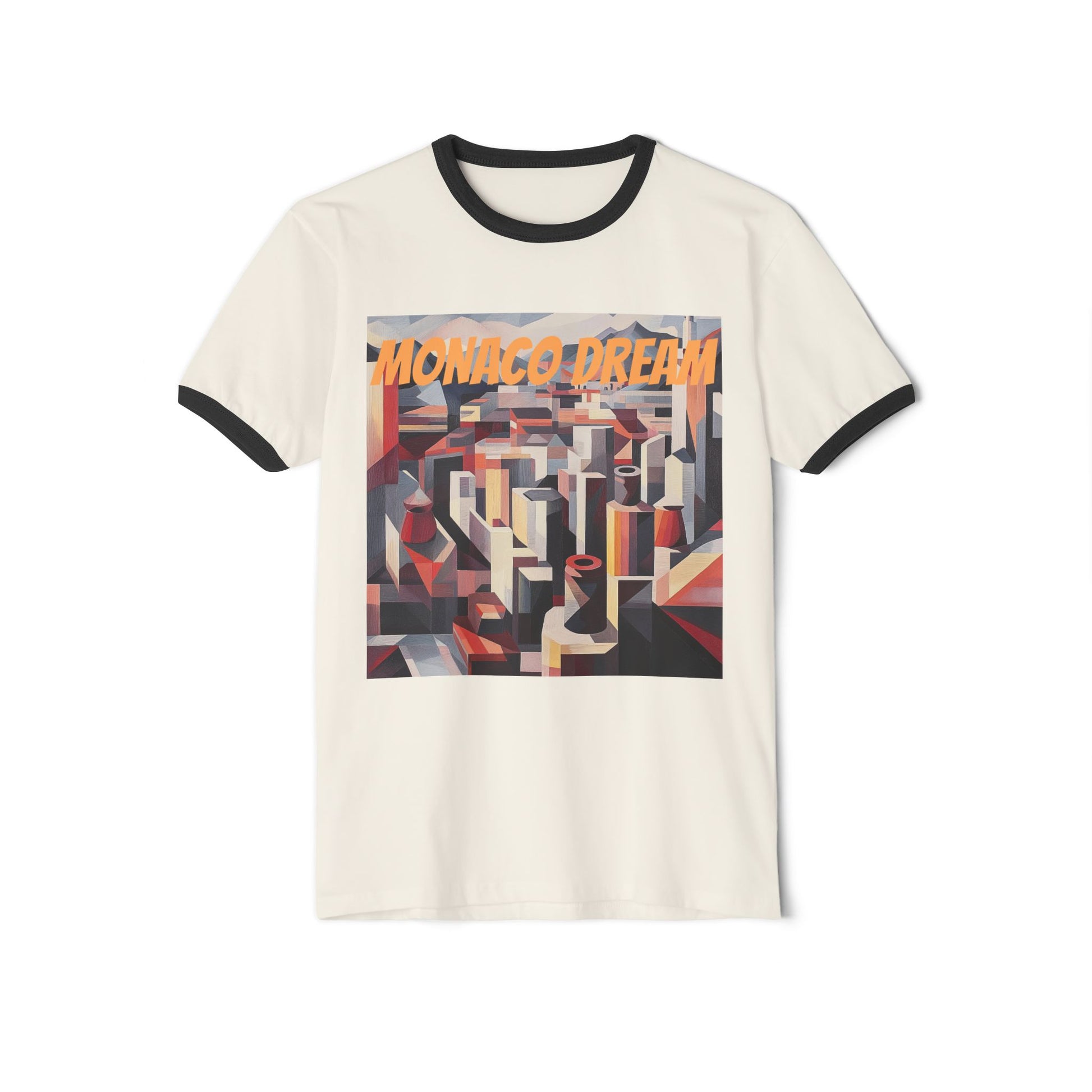 A natural/black T-shirt featuring the "Monaco Dream" print, showcasing a dynamic geometric cityscape in retro-futuristic colors.