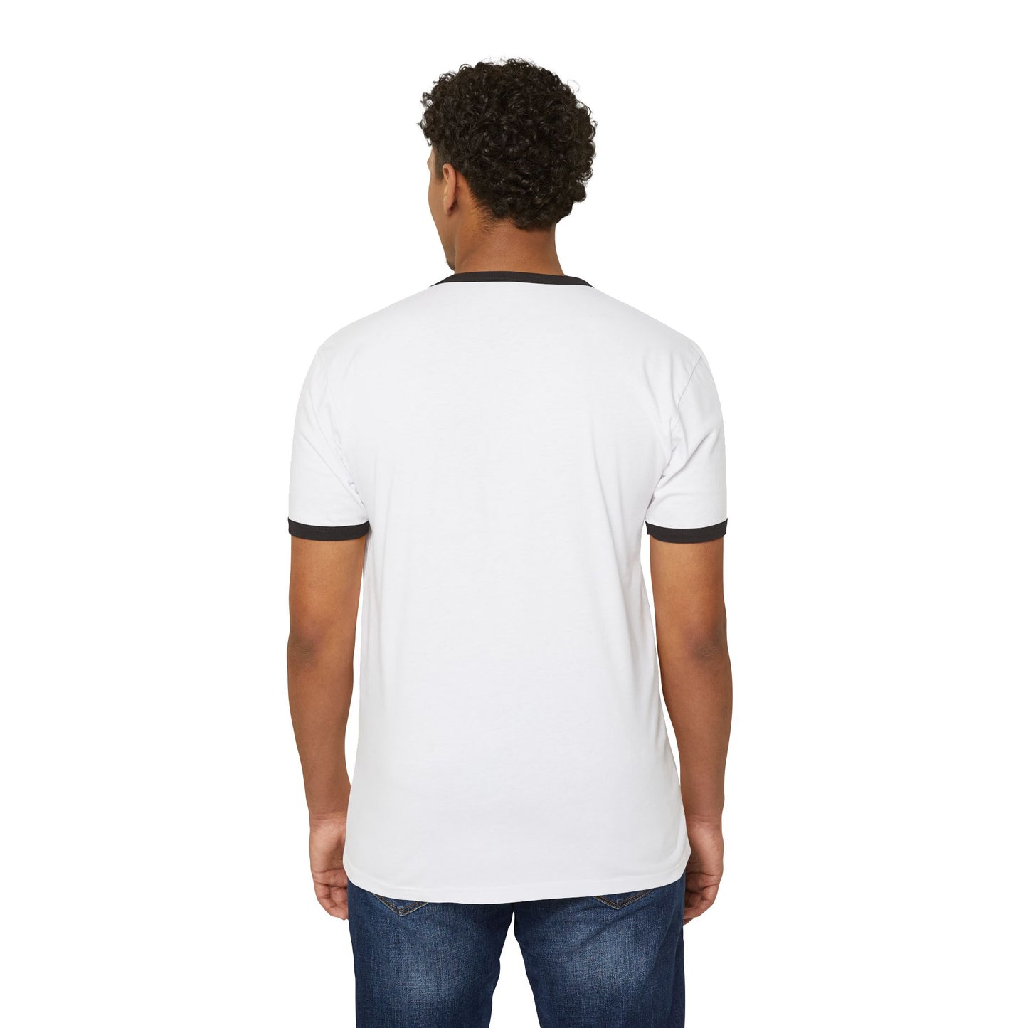 The back view of a man wearing a white/black T-shirt.